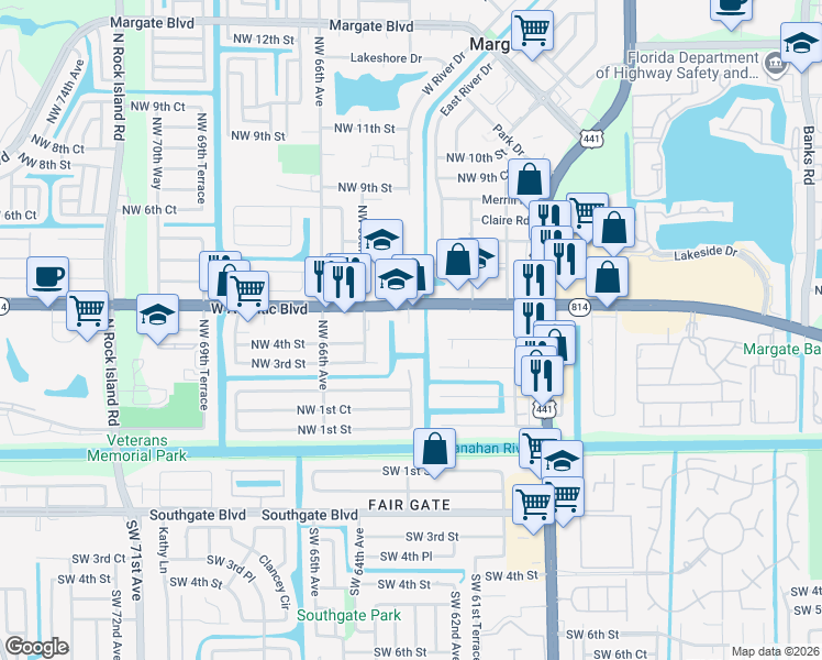 map of restaurants, bars, coffee shops, grocery stores, and more near 6450 West Atlantic Boulevard in Margate