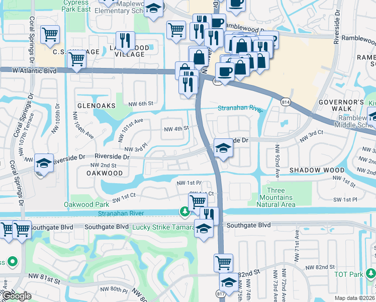 map of restaurants, bars, coffee shops, grocery stores, and more near 9700 Northwest 3rd Manor in Coral Springs