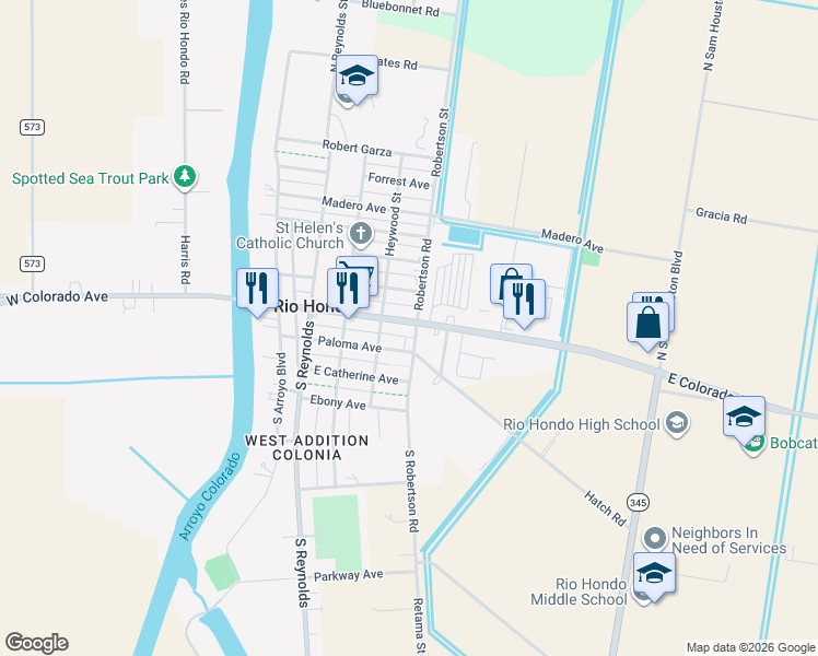 map of restaurants, bars, coffee shops, grocery stores, and more near 101 Colorado Avenue in Rio Hondo