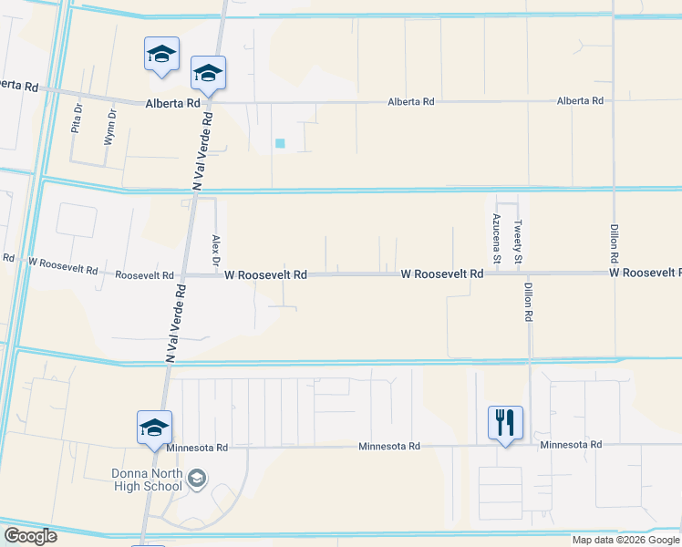 map of restaurants, bars, coffee shops, grocery stores, and more near 622 West Roosevelt Road in Donna