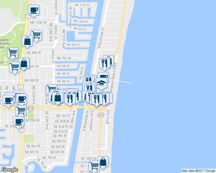 map of restaurants, bars, coffee shops, grocery stores, and more near 1058 North Pompano Beach Boulevard in Pompano Beach