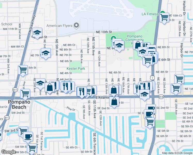 map of restaurants, bars, coffee shops, grocery stores, and more near 1160 Northeast 4th Street in Pompano Beach
