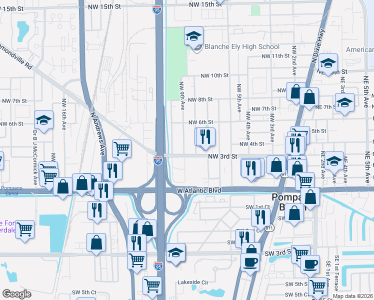 map of restaurants, bars, coffee shops, grocery stores, and more near 313 Northwest 9th Avenue in Pompano Beach