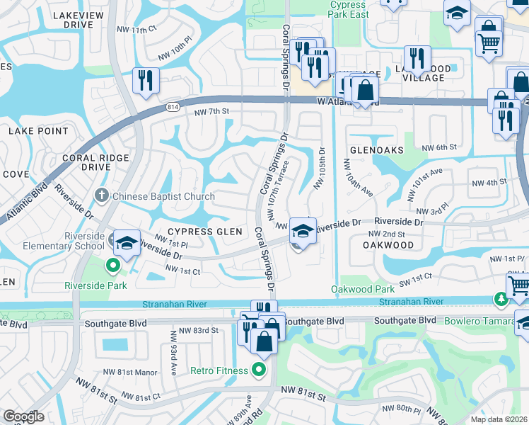 map of restaurants, bars, coffee shops, grocery stores, and more near 305 Northwest 108th Avenue in Coral Springs