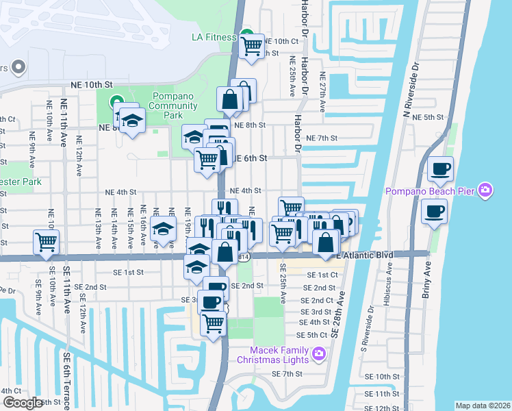 map of restaurants, bars, coffee shops, grocery stores, and more near 228 Northeast 24th Avenue in Pompano Beach