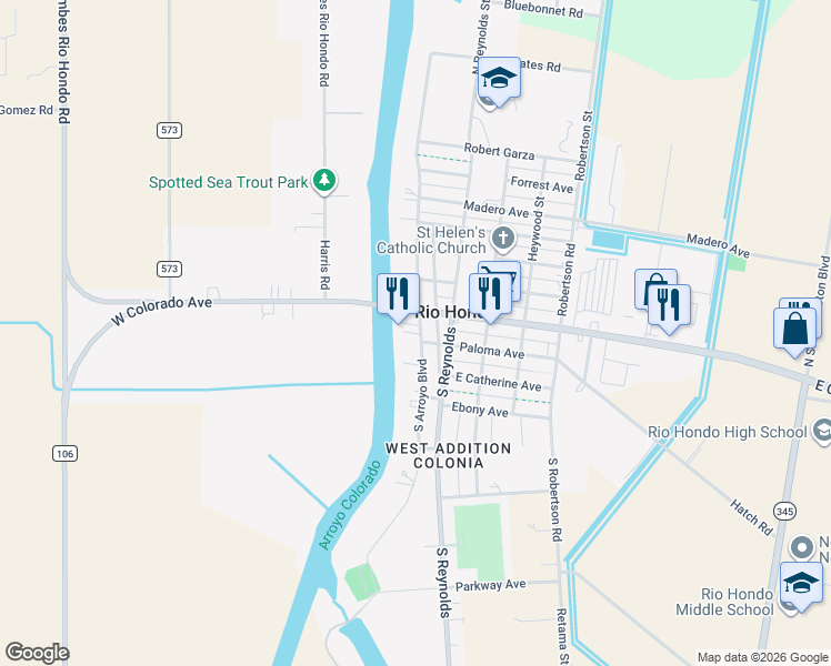 map of restaurants, bars, coffee shops, grocery stores, and more near 110 South Arroyo Boulevard in Rio Hondo