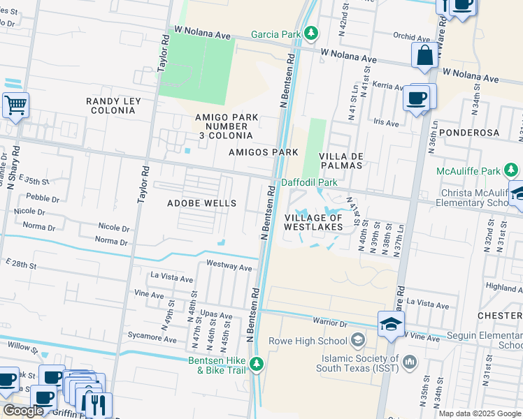 map of restaurants, bars, coffee shops, grocery stores, and more near 2811 North 44th Lane in McAllen
