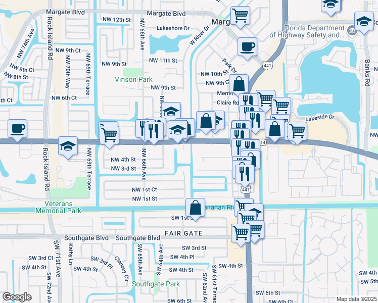 map of restaurants, bars, coffee shops, grocery stores, and more near 400 Northwest 65th Avenue in Margate