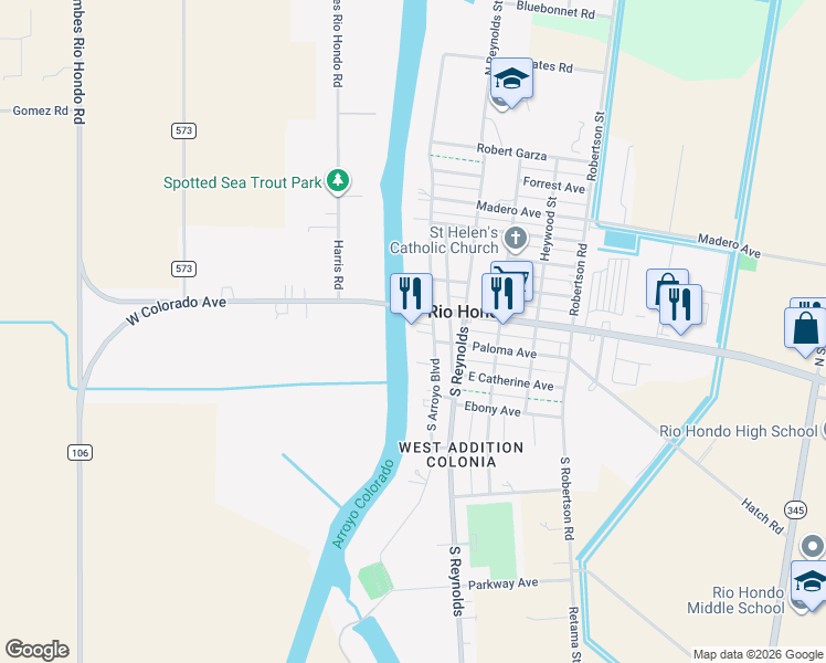 map of restaurants, bars, coffee shops, grocery stores, and more near 110 South Arroyo Boulevard in Rio Hondo