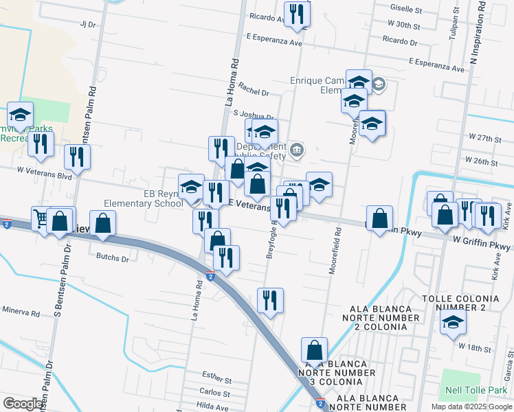 map of restaurants, bars, coffee shops, grocery stores, and more near 900 East Veteran Boulevard in Palmview