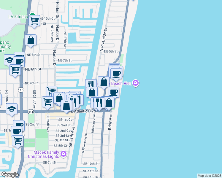 map of restaurants, bars, coffee shops, grocery stores, and more near 1058 North Pompano Beach Boulevard in Pompano Beach