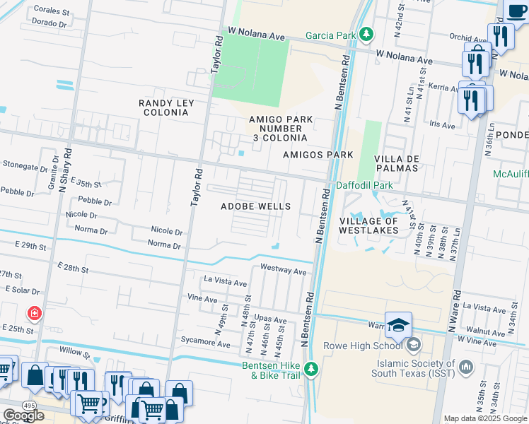 map of restaurants, bars, coffee shops, grocery stores, and more near 4904 Harvey Drive in McAllen