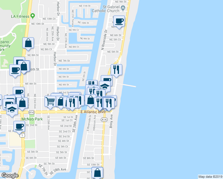 map of restaurants, bars, coffee shops, grocery stores, and more near 1058 North Pompano Beach Boulevard in Pompano Beach