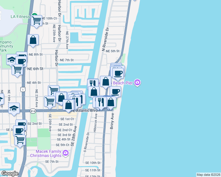 map of restaurants, bars, coffee shops, grocery stores, and more near 1058 North Pompano Beach Boulevard in Pompano Beach