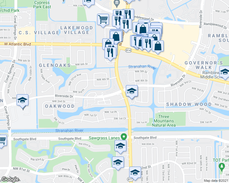 map of restaurants, bars, coffee shops, grocery stores, and more near 9625 Riverside Drive in Coral Springs