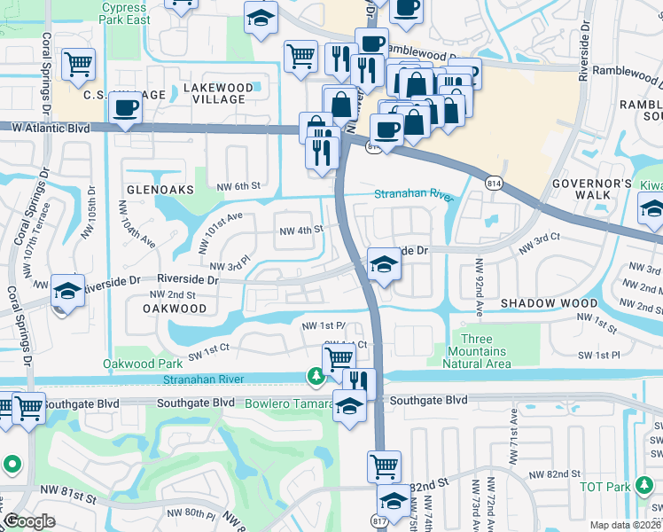 map of restaurants, bars, coffee shops, grocery stores, and more near 9625 Riverside Drive in Coral Springs
