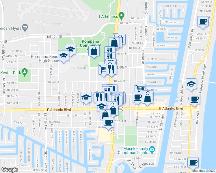 map of restaurants, bars, coffee shops, grocery stores, and more near 303 North Federal Highway in Pompano Beach