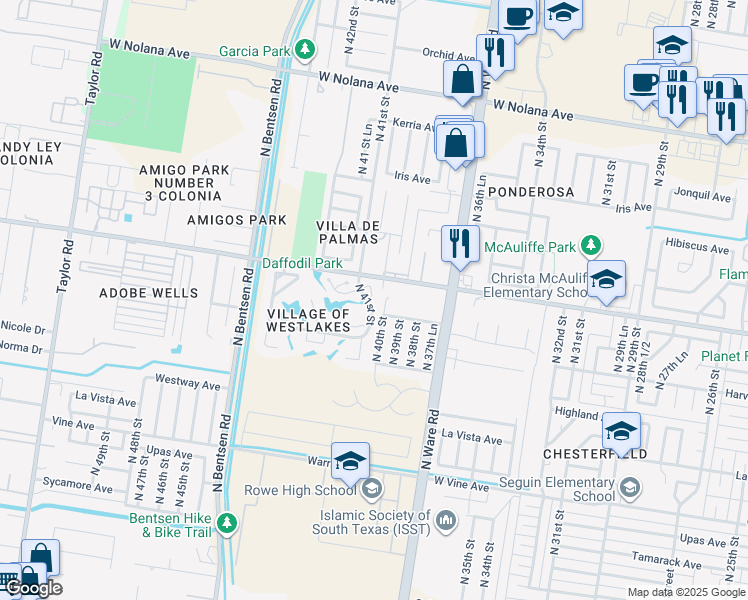 map of restaurants, bars, coffee shops, grocery stores, and more near 4015 Carnation Circle in McAllen
