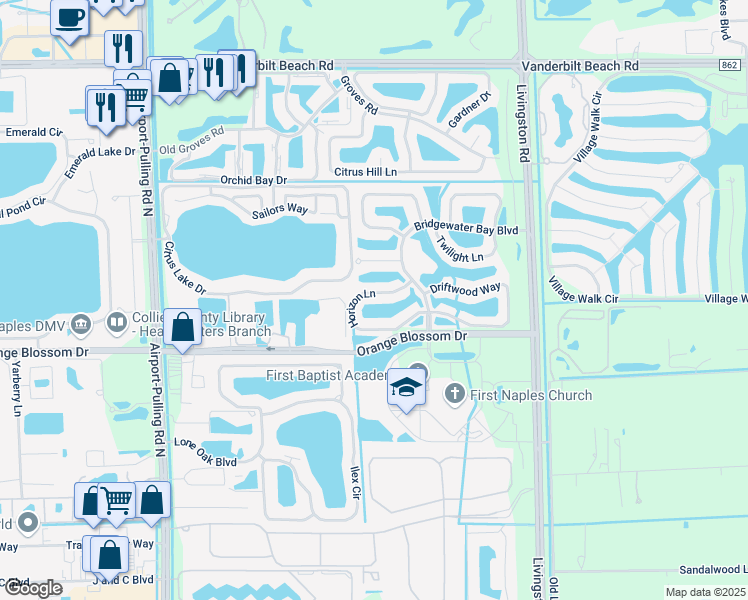 map of restaurants, bars, coffee shops, grocery stores, and more near 3055 Horizon Lane in Naples