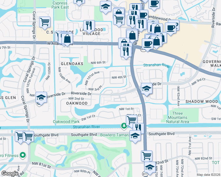 map of restaurants, bars, coffee shops, grocery stores, and more near 9780 Northwest 3rd Manor in Coral Springs