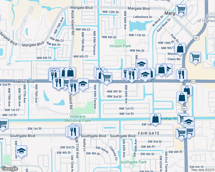 map of restaurants, bars, coffee shops, grocery stores, and more near 6828-6896 West Atlantic Boulevard in Margate