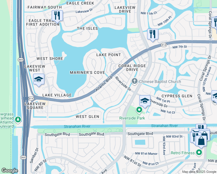 map of restaurants, bars, coffee shops, grocery stores, and more near 11885 Northwest 2nd Manor in Coral Springs