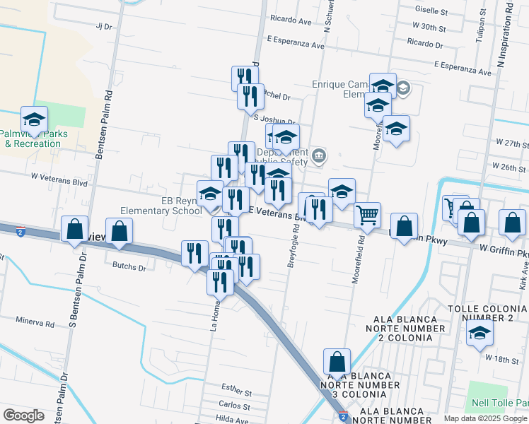 map of restaurants, bars, coffee shops, grocery stores, and more near 900 East Veteran Boulevard in Palmview