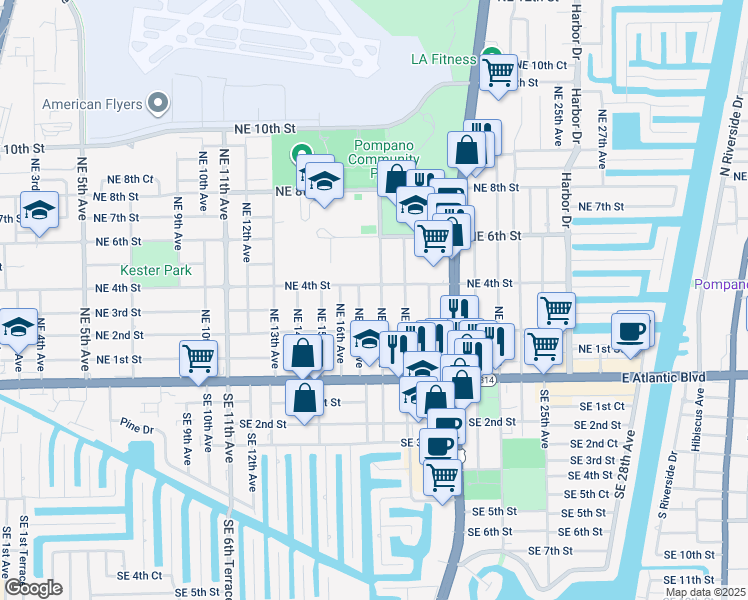 map of restaurants, bars, coffee shops, grocery stores, and more near 231 Northeast 18th Avenue in Pompano Beach