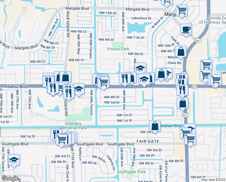 map of restaurants, bars, coffee shops, grocery stores, and more near 6828-6896 West Atlantic Boulevard in Margate