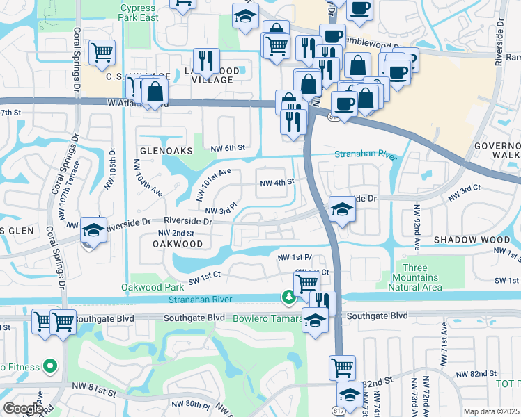 map of restaurants, bars, coffee shops, grocery stores, and more near 9780 Northwest 3rd Manor in Coral Springs