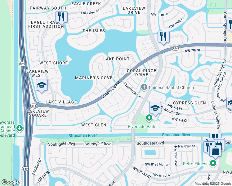 map of restaurants, bars, coffee shops, grocery stores, and more near 11885 Northwest 2nd Manor in Coral Springs