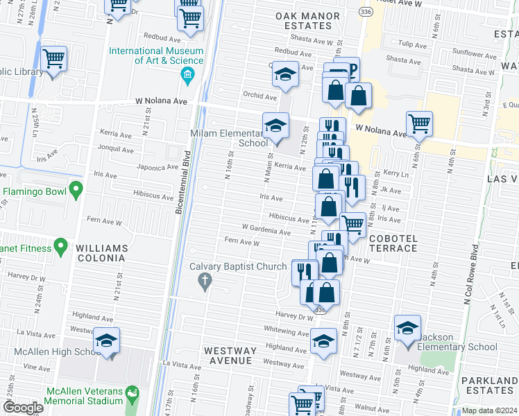 map of restaurants, bars, coffee shops, grocery stores, and more near 1317 West Iris Avenue in McAllen