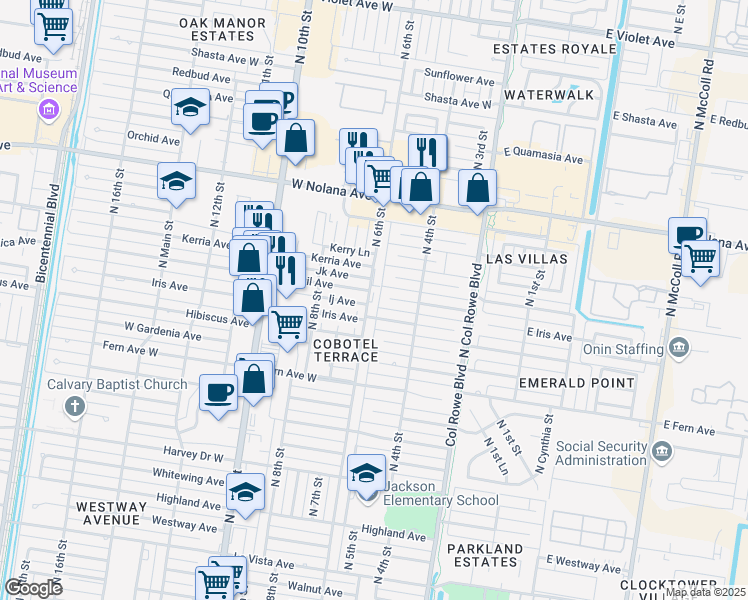 map of restaurants, bars, coffee shops, grocery stores, and more near 3512 North 6th Street in McAllen