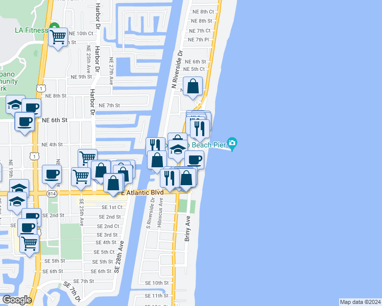 map of restaurants, bars, coffee shops, grocery stores, and more near 1058 North Pompano Beach Boulevard in Pompano Beach