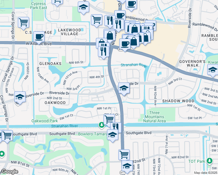 map of restaurants, bars, coffee shops, grocery stores, and more near 9625 Riverside Drive in Coral Springs