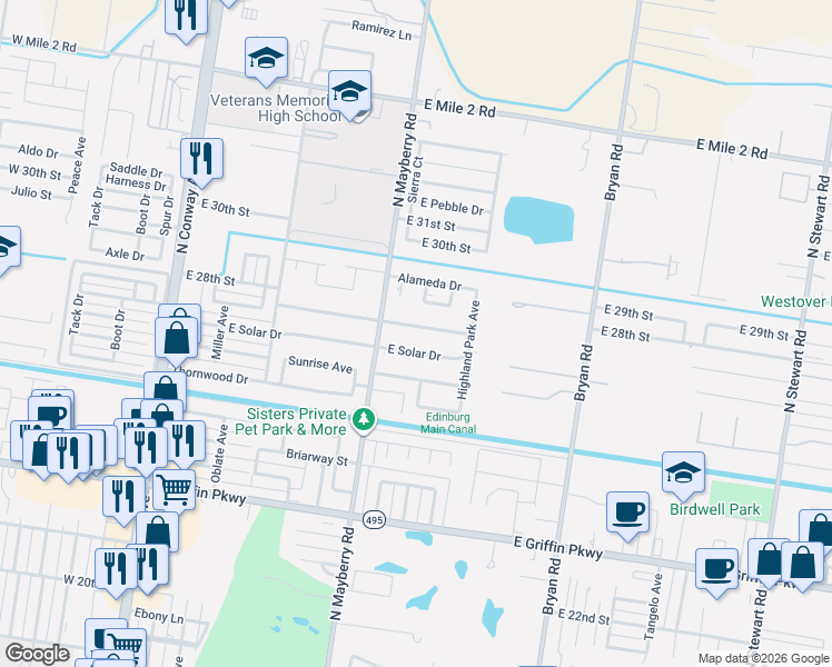 map of restaurants, bars, coffee shops, grocery stores, and more near 900 Las Brisas Drive in Mission