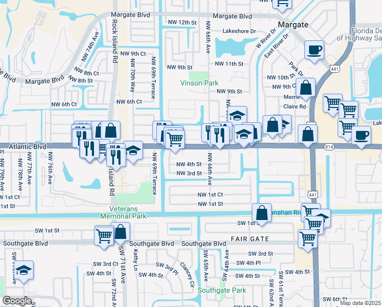 map of restaurants, bars, coffee shops, grocery stores, and more near 6700 West Atlantic Boulevard in Margate