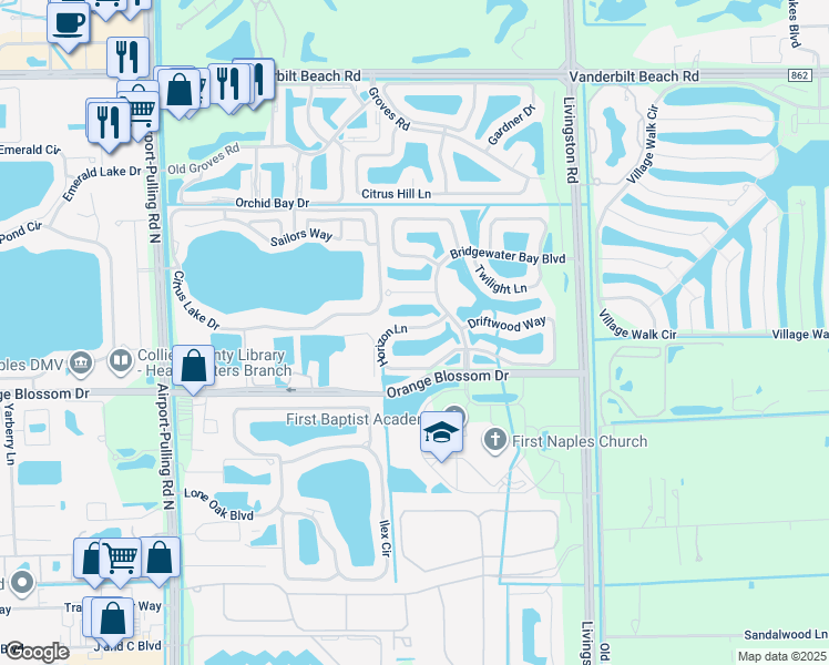 map of restaurants, bars, coffee shops, grocery stores, and more near 3055 Horizon Lane in Naples