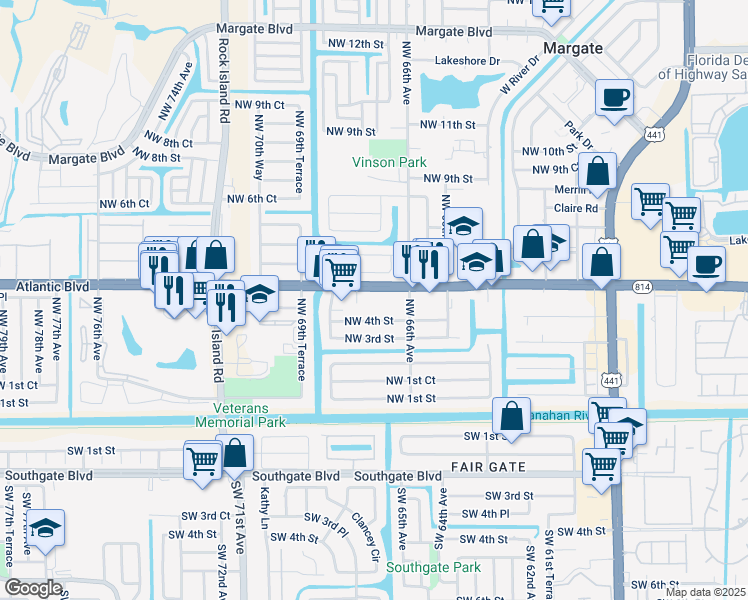 map of restaurants, bars, coffee shops, grocery stores, and more near 6700 West Atlantic Boulevard in Margate