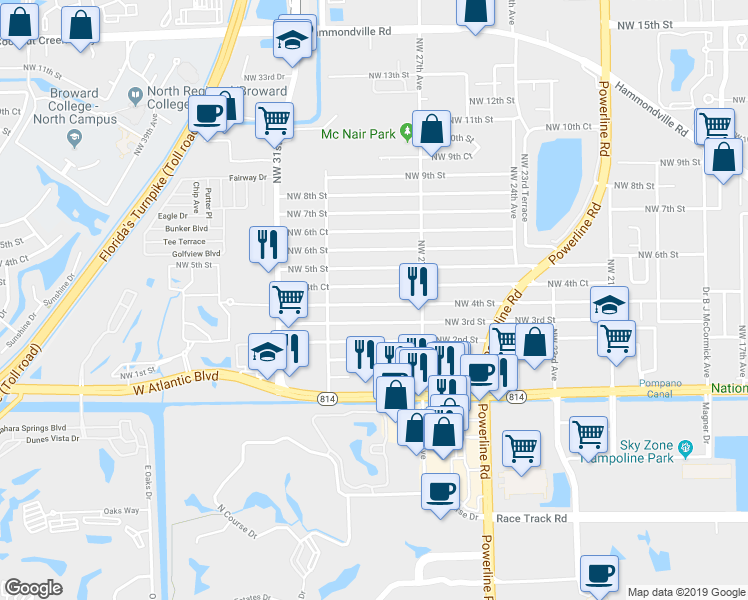 map of restaurants, bars, coffee shops, grocery stores, and more near 2801 Northwest 4th Street in Pompano Beach
