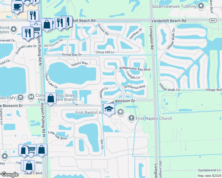 map of restaurants, bars, coffee shops, grocery stores, and more near 3059 Horizon Lane in Naples
