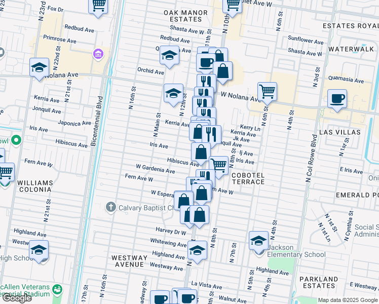 map of restaurants, bars, coffee shops, grocery stores, and more near 1121 West Iris Avenue in McAllen
