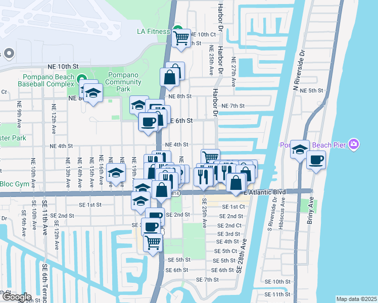 map of restaurants, bars, coffee shops, grocery stores, and more near 228 Northeast 24th Avenue in Pompano Beach