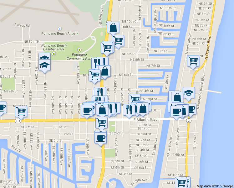 map of restaurants, bars, coffee shops, grocery stores, and more near 228 Northeast 24th Avenue in Pompano Beach