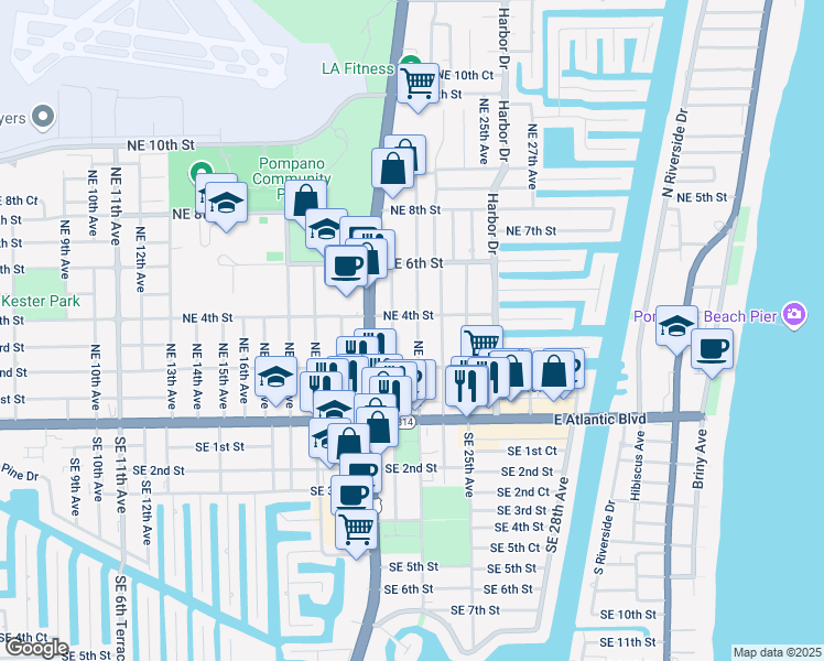 map of restaurants, bars, coffee shops, grocery stores, and more near 232 Northeast 22nd Avenue in Pompano Beach