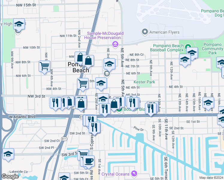 map of restaurants, bars, coffee shops, grocery stores, and more near 316 Northeast 4th Street in Pompano Beach