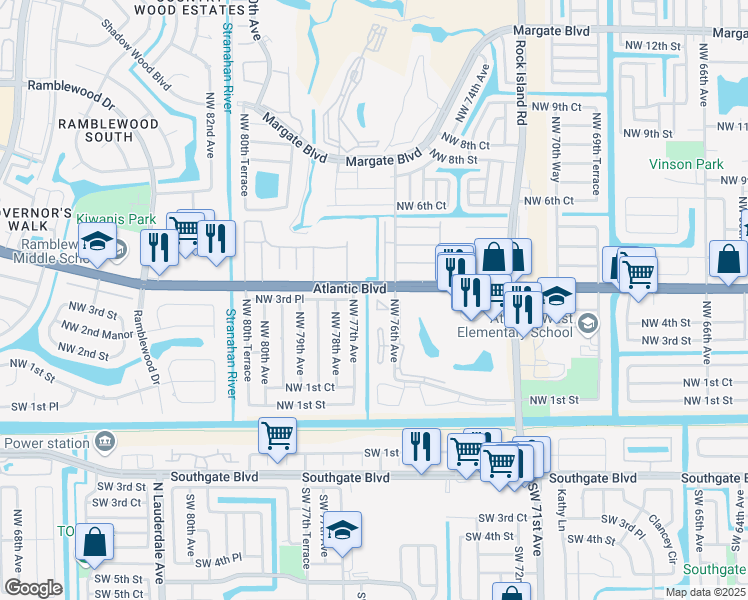 map of restaurants, bars, coffee shops, grocery stores, and more near 481 Northwest 76th Avenue in Margate