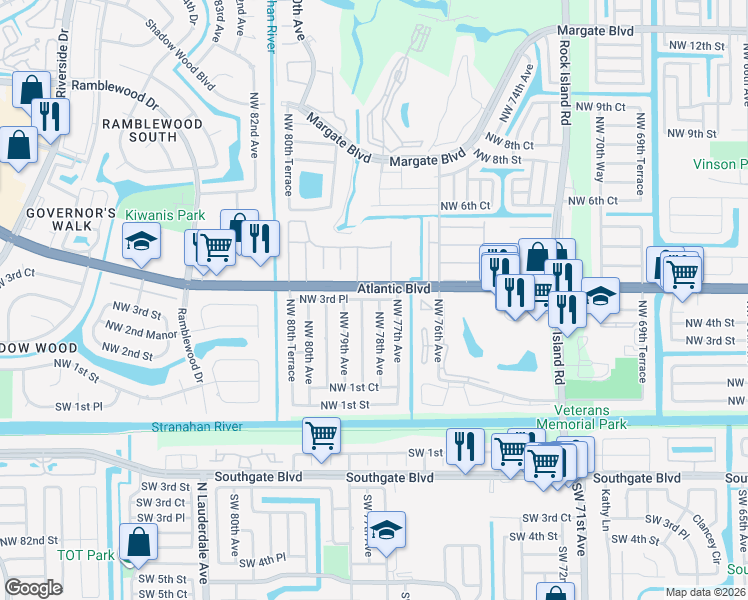 map of restaurants, bars, coffee shops, grocery stores, and more near 7715 Northwest 3rd Place in Margate