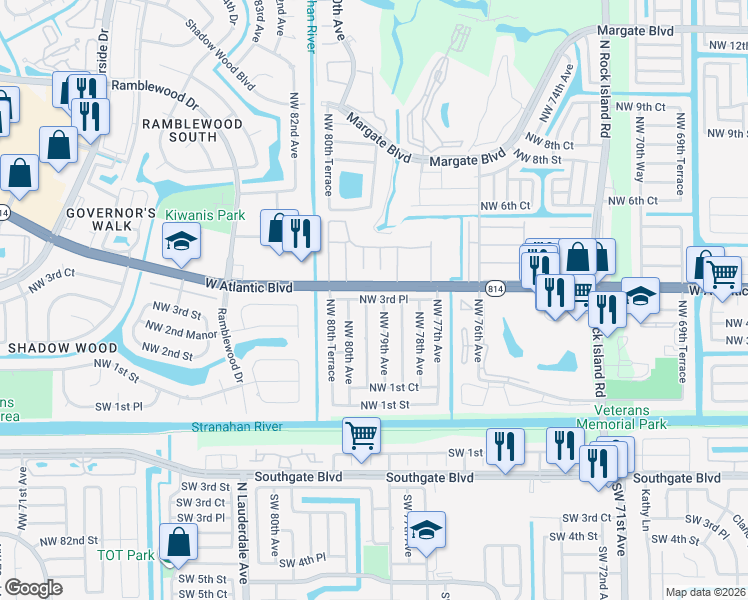 map of restaurants, bars, coffee shops, grocery stores, and more near 7971 Northwest 3rd Place in Margate