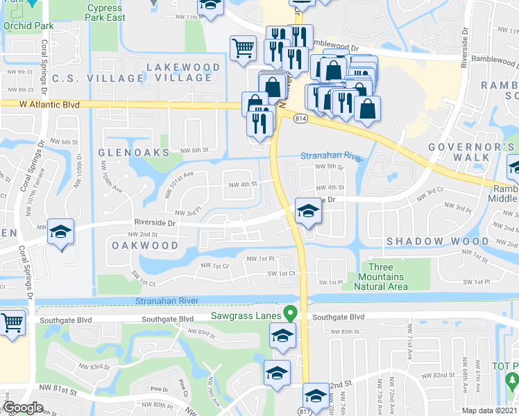 map of restaurants, bars, coffee shops, grocery stores, and more near 9700 Northwest 3rd Manor in Coral Springs